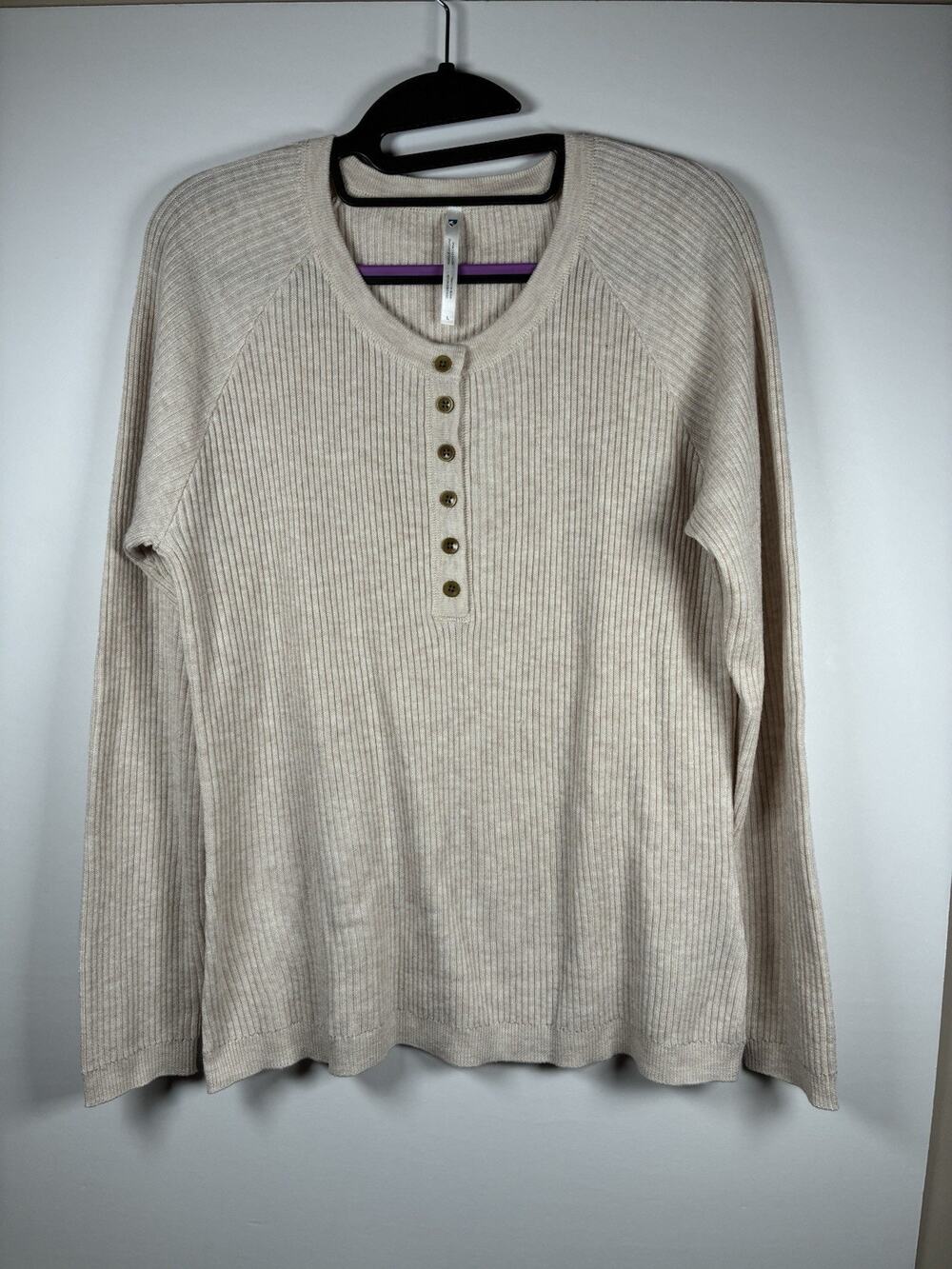 KUHL Womens L Oatmeal Ribbed Henley Sweater Grandpa Knit Pullover Long Sleeve